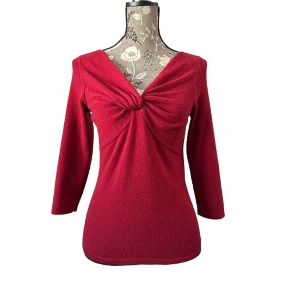 Ann Taylor Sweaters - Ann Taylor Women' Small Red Cashmere V-neck Knotted Front 3/4 Sleeves Sweater